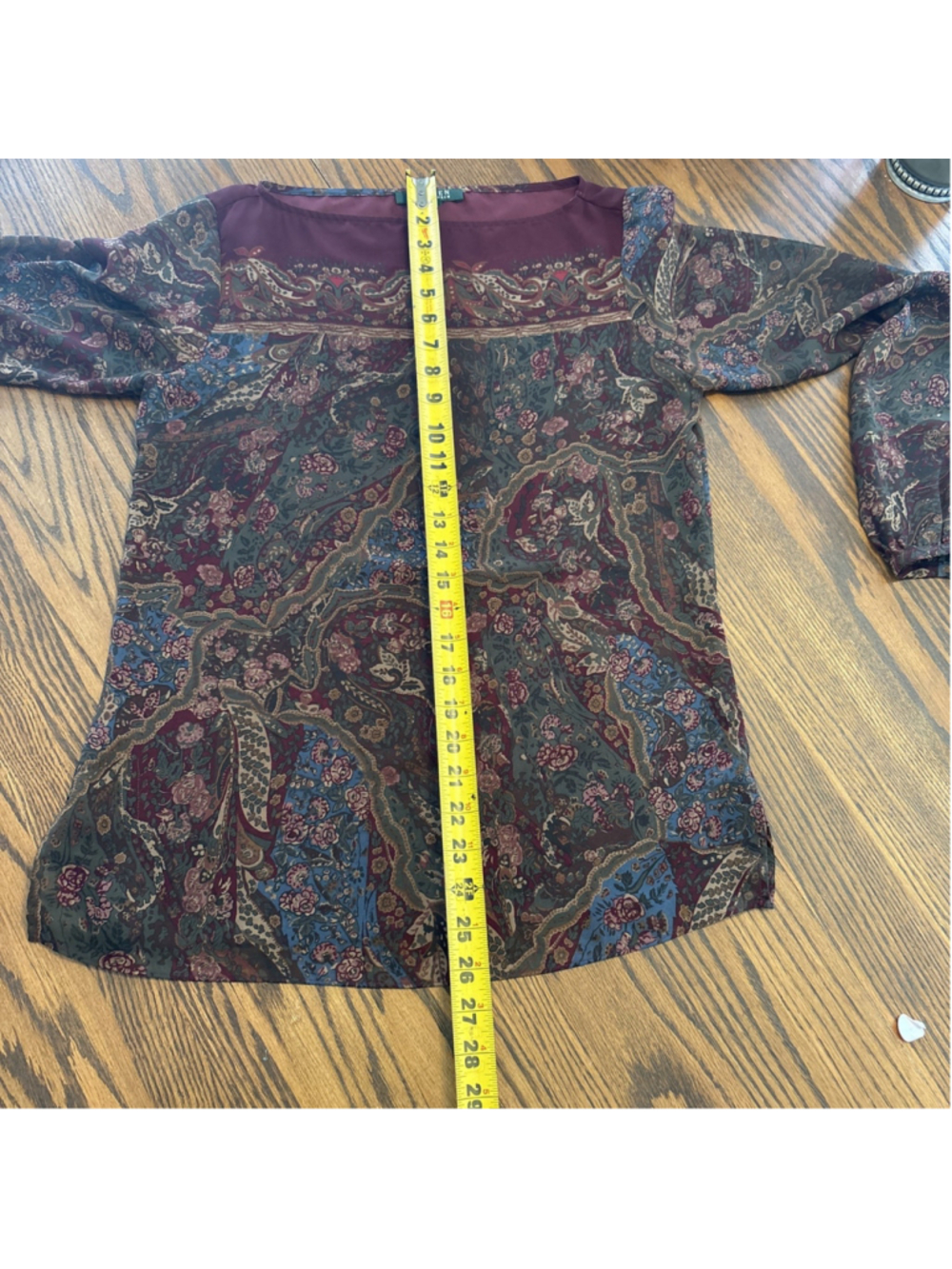 Lauren Ralph Lauren Shirt Women's M Burgundy Boat Neck Paisley Sheer Classic VTG - Picture 6 of 8